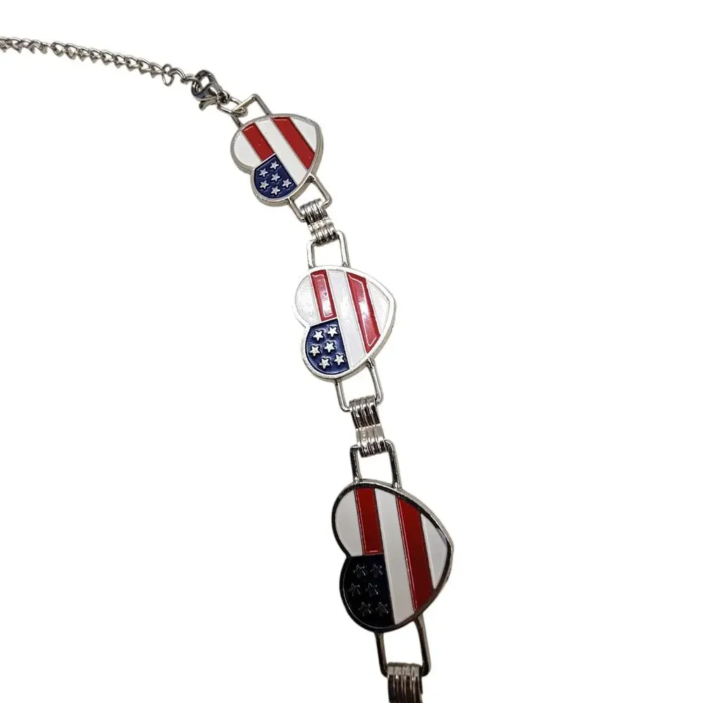 Vtg Americana USA Flag Heart Link Chain Belt Enamel Patriotic Silver Tone Womens